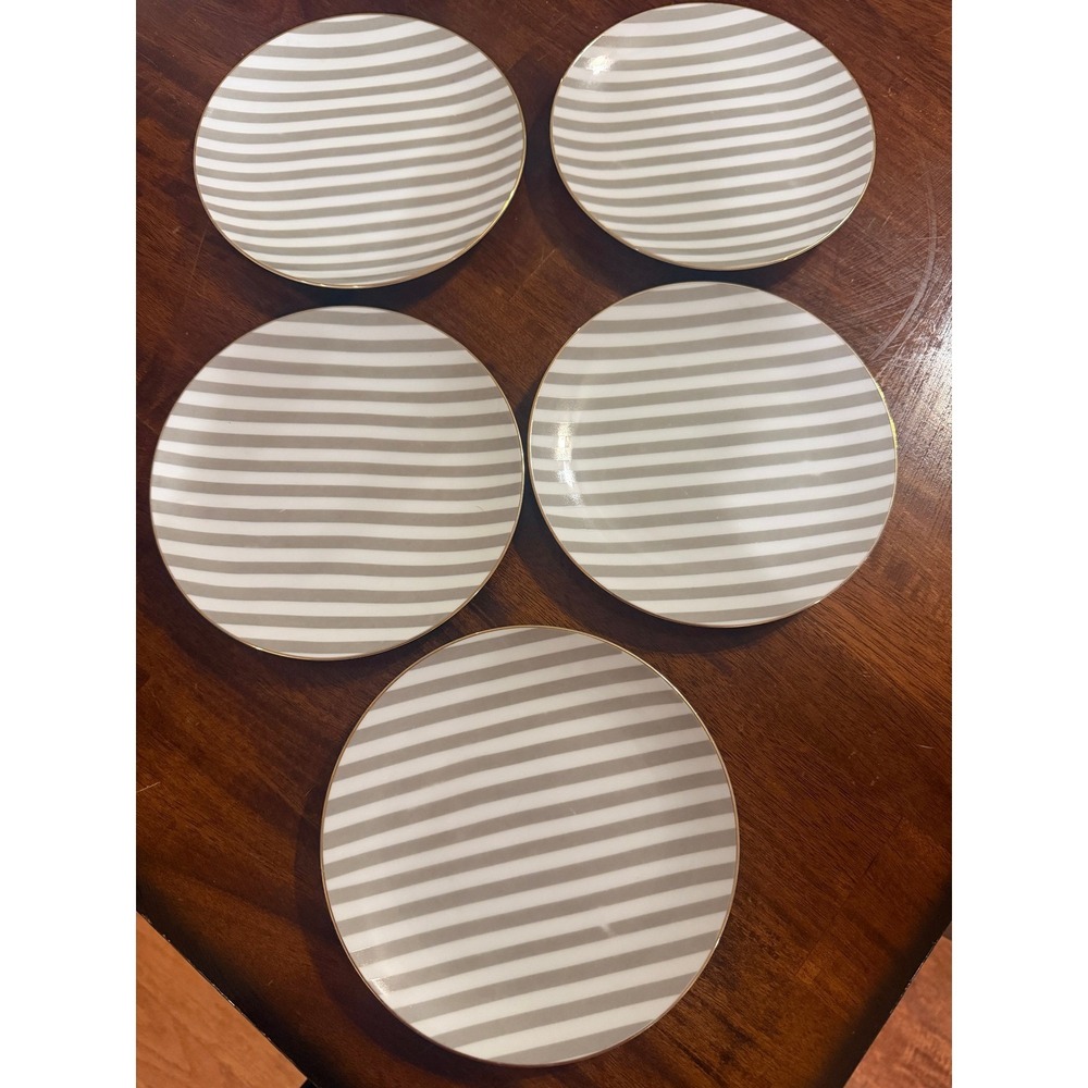 Noritake Nippon Toki Kaisha Grey White Striped Gold Rim Plates Set of 5 6.5"‎